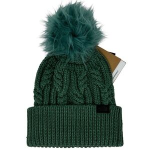 NWT The North Face Women OH Mega Faux Fur Pom Knit Beanie One Size Dark Sage